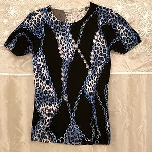 Black & Blue Knit Top, Abstract Leopard, Print, Beads, S/M